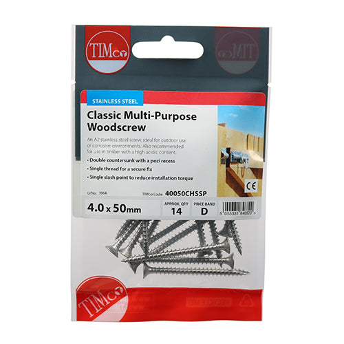 TIMCO Classic Multi-Purpose Countersunk A2 Stainless Steel Woodcrews - 4.0 x 50 - Image