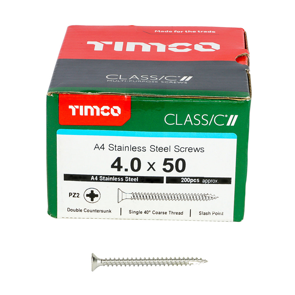 TIMCO Classic Multi-Purpose Countersunk A4 Stainless Steel Woodcrews - 4.0 x 50 - Image