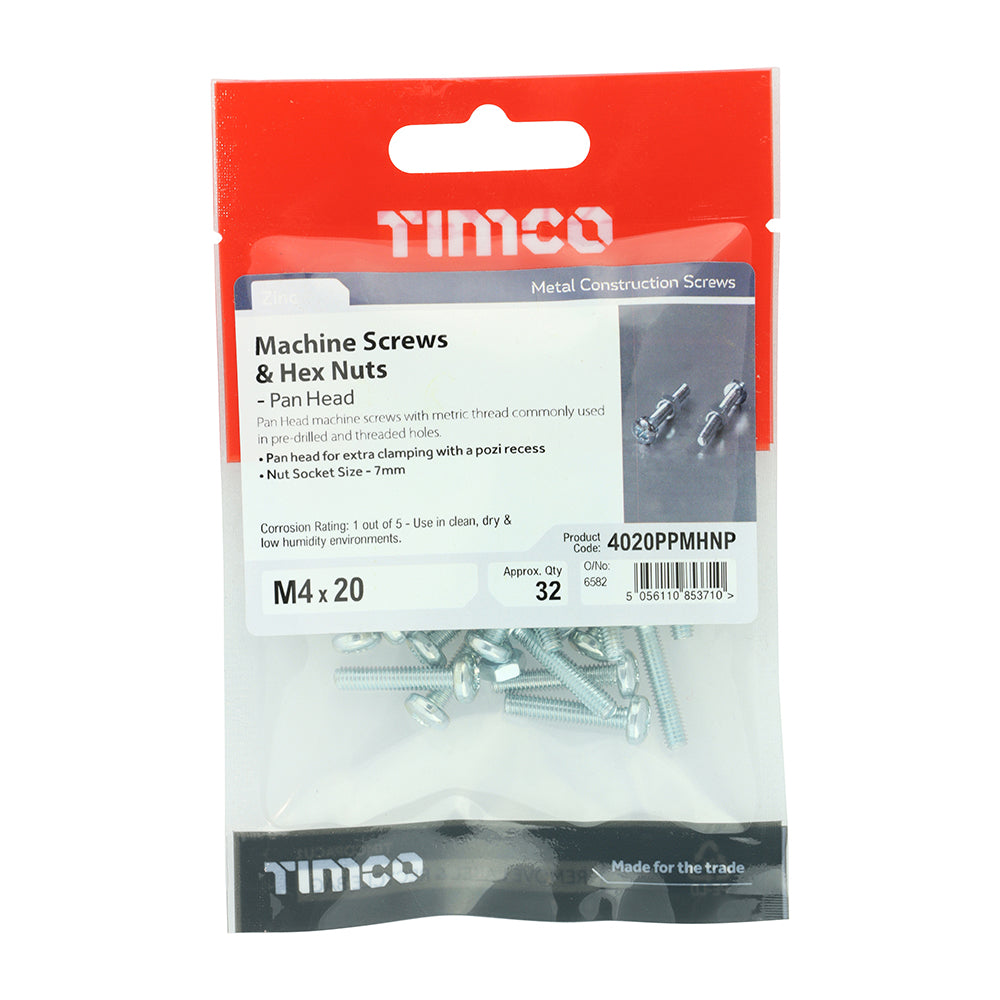 TIMCO Machine Pan Head Screws & Hex Nut Silver - M4 x 20 - Image