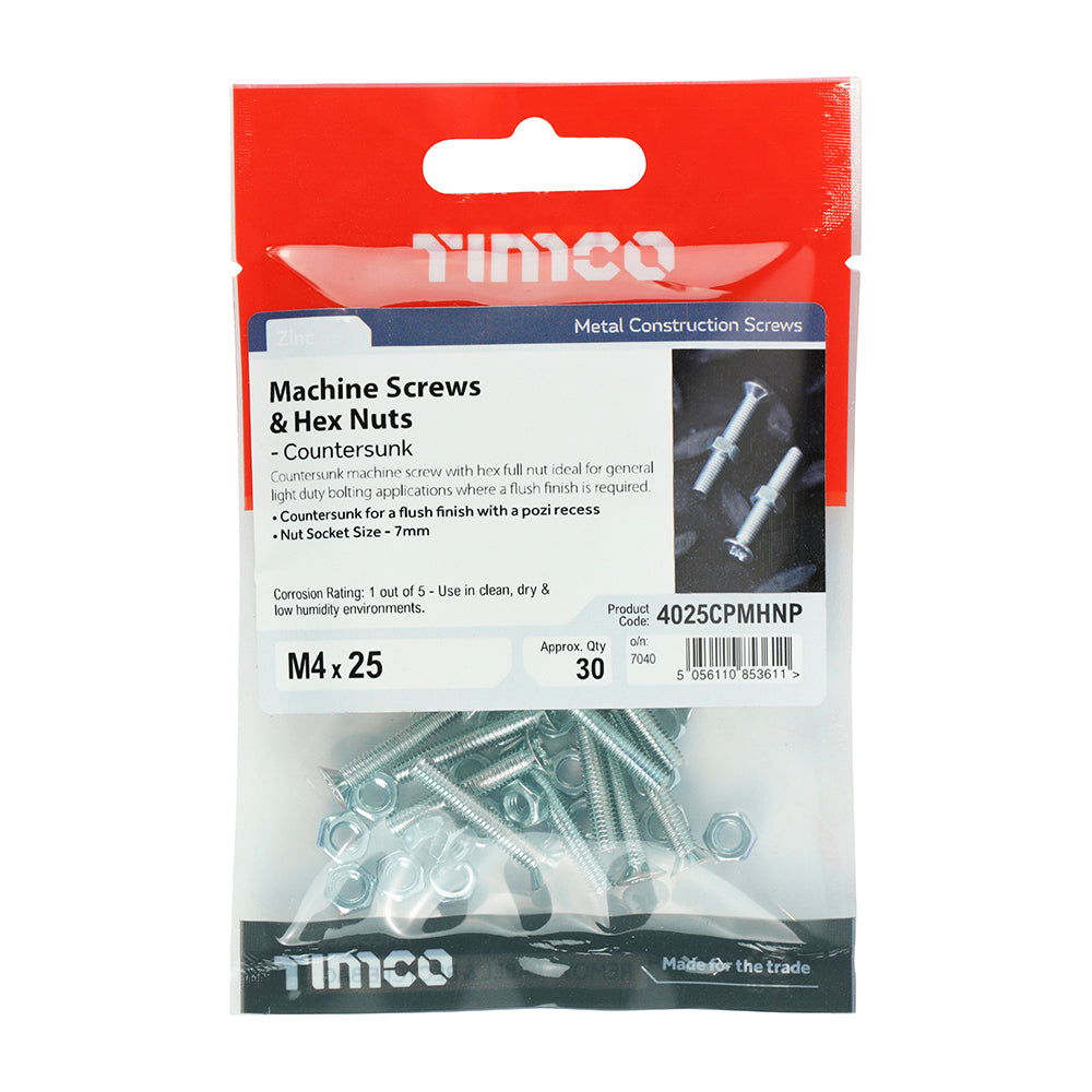 TIMCO Machine Countersunk Screws & Hex Nut Silver - M4 x 25 - Image