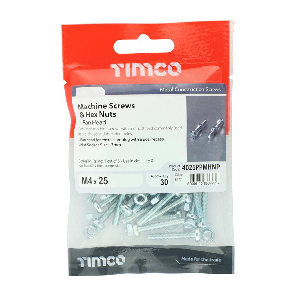 TIMCO Machine Pan Head Screws & Hex Nut Silver - M4 x 25 - Image