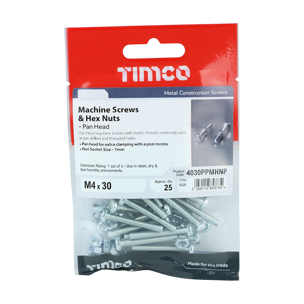 TIMCO Machine Pan Head Screws & Hex Nut Silver - M4 x 30 - Image