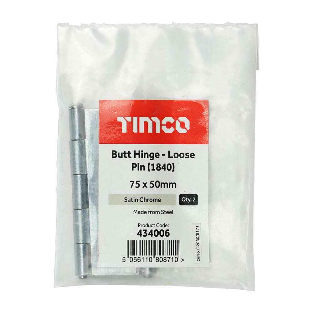 TIMCO Plain Butt Hinge - Loose Pin (1840) - Satin Chrome - 75 x 50 - Image