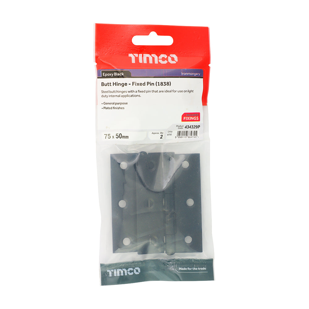 TIMCO Plain Butt Hinge - Fixed Pin (1838) - Black - 75 x 50 - Image