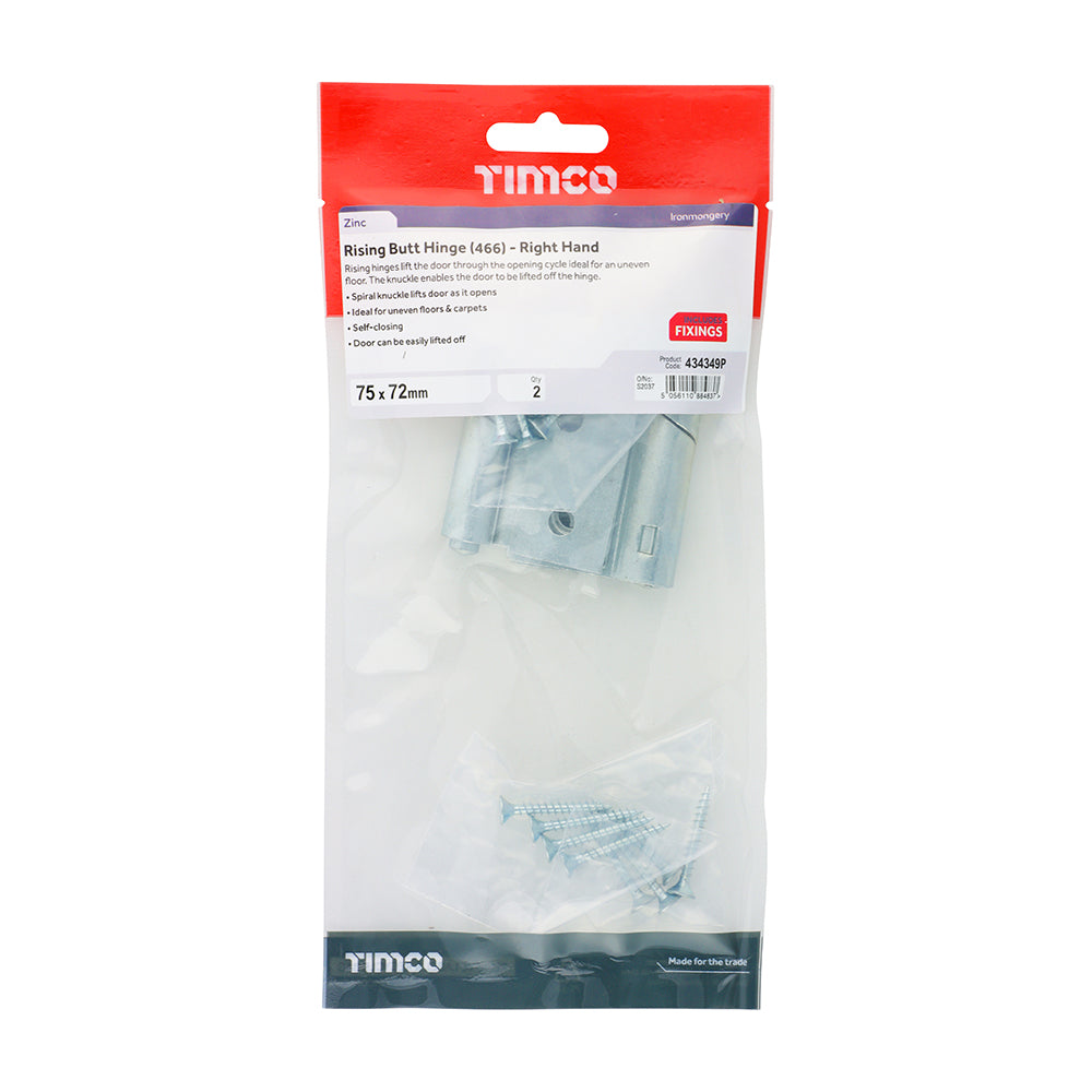 TIMCO Rising Butt Hinge (466) - Right Hand - Zinc - 75 x 72 - Image