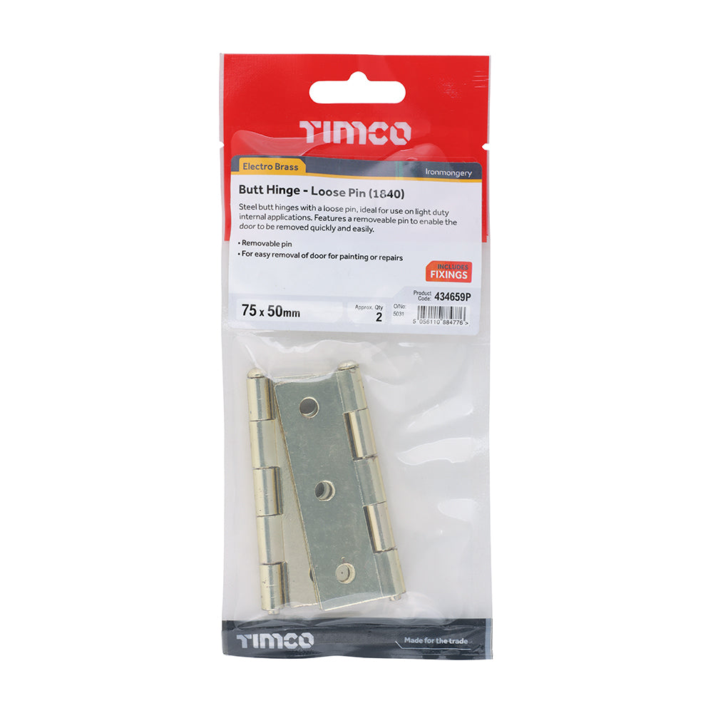 TIMCO Plain Butt Hinge - Loose Pin (1840) - Electro Brass - 75 x 50 - Image