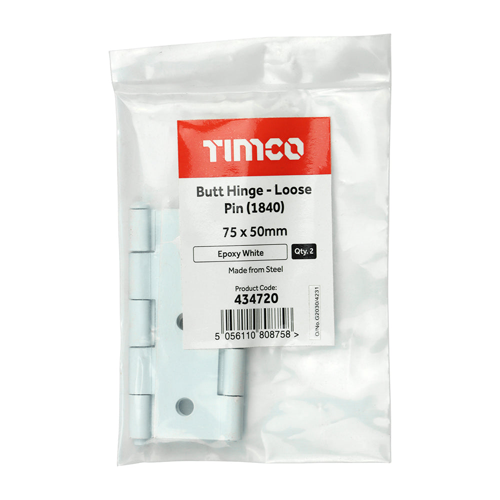 TIMCO Plain Butt Hinge - Loose Pin (1840) - White - 75 x 50 - Image