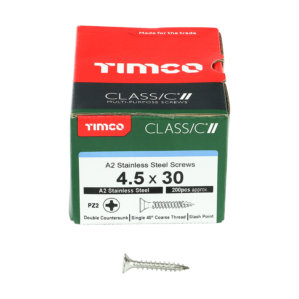 TIMCO Classic Multi-Purpose Countersunk A2 Stainless Steel Woodcrews - 4.5 x 30 - Image