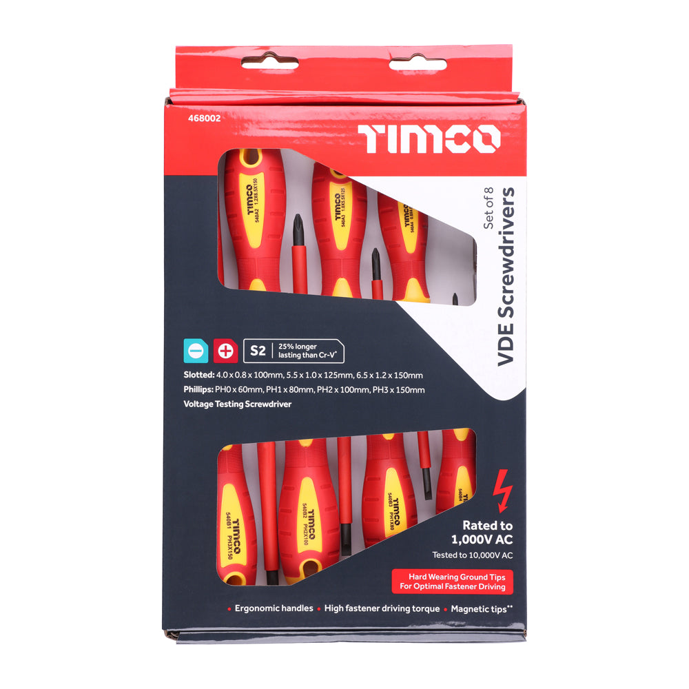 TIMCO VDE Screwdriver Set. Assorted Slotted, Phillips and Pozi-Drive Screwdrivers tested to 1000V AC. - 8 Pieces - Image
