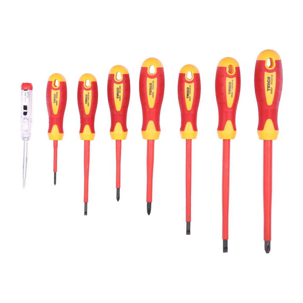 TIMCO VDE Screwdriver Set. Assorted Slotted, Phillips and Pozi-Drive Screwdrivers tested to 1000V AC. - 8 Pieces - Image