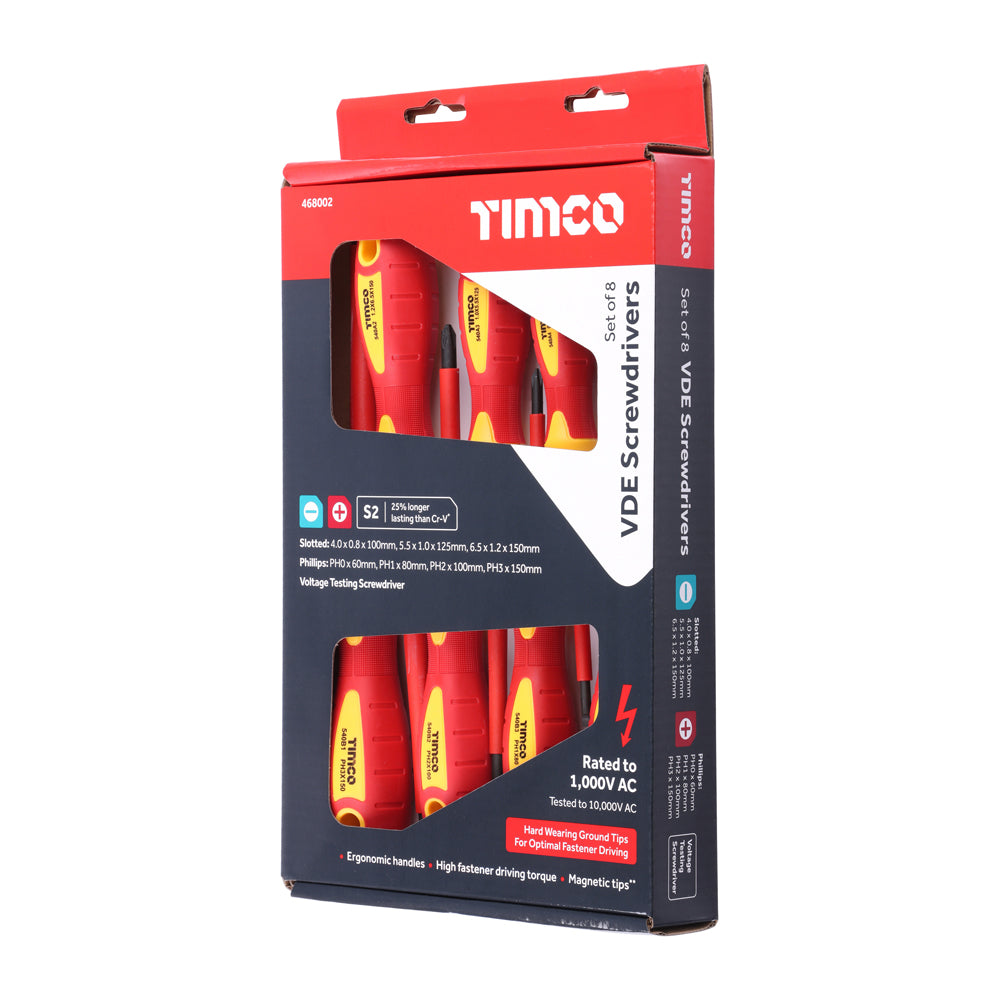 TIMCO VDE Screwdriver Set. Assorted Slotted, Phillips and Pozi-Drive Screwdrivers tested to 1000V AC. - 8 Pieces - Image