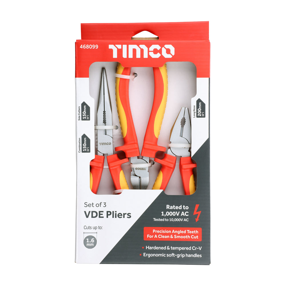 TIMCO Professional VDE Plier Set. Combination, Side Cutter and Long Nose Pliers. Tested to 1000V AC - 3 Pieces - Image