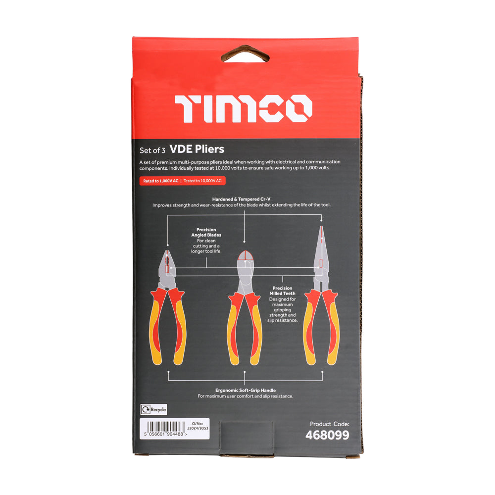 TIMCO Professional VDE Plier Set. Combination, Side Cutter and Long Nose Pliers. Tested to 1000V AC - 3 Pieces - Image