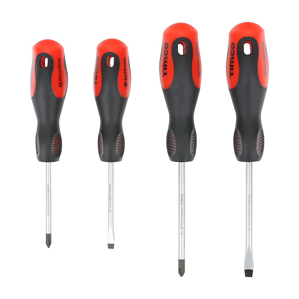 TIMCO Screwdriver Set, Slotted and Phillips Screwdrivers with Magnetic Tips, Ergonomic Anti-Slip Handles - 4 Pieces - Image