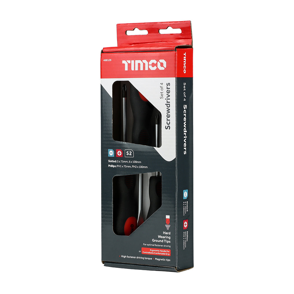 TIMCO Screwdriver Set, Slotted and Phillips Screwdrivers with Magnetic Tips, Ergonomic Anti-Slip Handles - 4 Pieces - Image