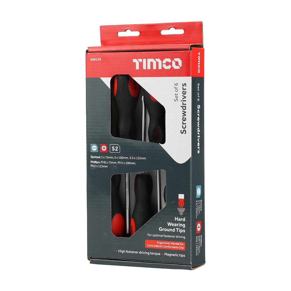 TIMCO Screwdriver Set, Slotted and Phillips Screwdrivers with Magnetic Tips, Ergonomic Anti-Slip Handles - 6 Pieces - Image