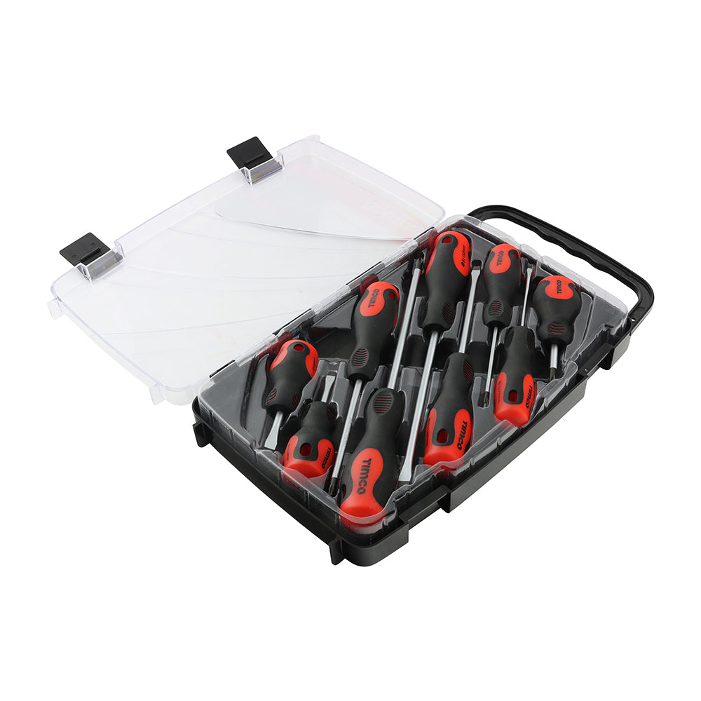 TIMCO Screwdriver Set, Slotted and Phillips Screwdrivers with Magnetic Tips, Ergonomic Anti-Slip Handles in a Hard Carry Case - 9 Pieces - Image