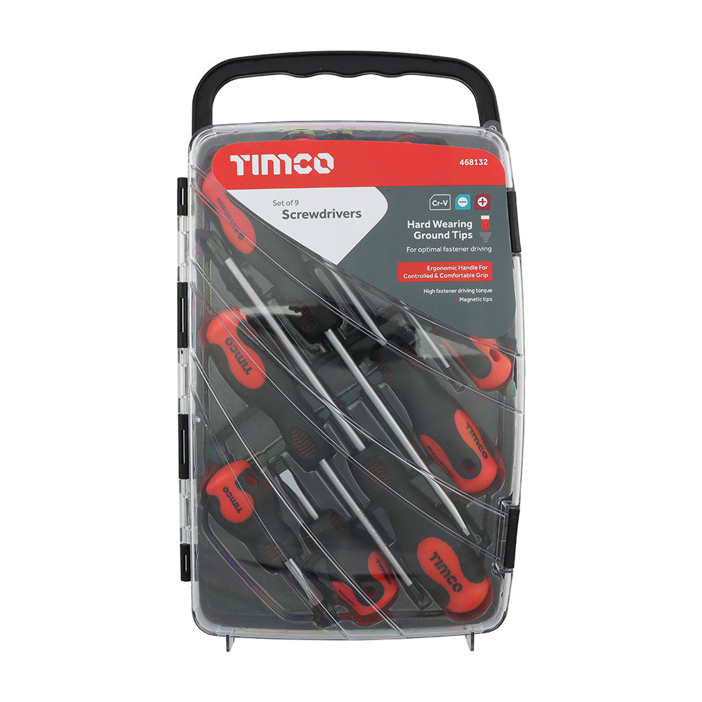 TIMCO Screwdriver Set, Slotted and Phillips Screwdrivers with Magnetic Tips, Ergonomic Anti-Slip Handles in a Hard Carry Case - 9 Pieces - Image