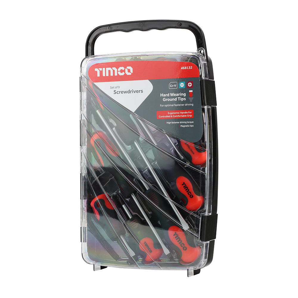TIMCO Screwdriver Set, Slotted and Phillips Screwdrivers with Magnetic Tips, Ergonomic Anti-Slip Handles in a Hard Carry Case - 9 Pieces - Image