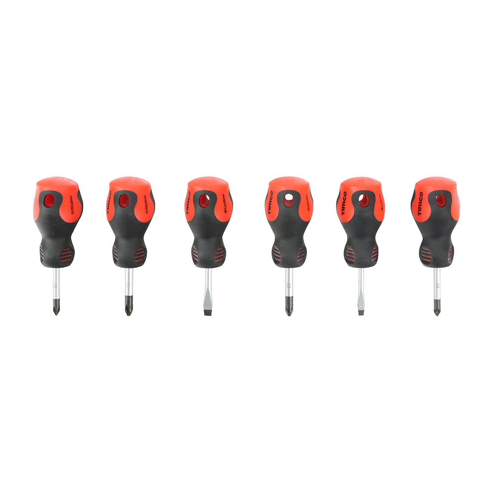 TIMCO Stubby Screwdriver Set, Slotted, Phillips and Pozi Drive Screwdrivers with Magnetic Tips, Ergonomic Anti-Slip Handle - 6 Pieces - Image
