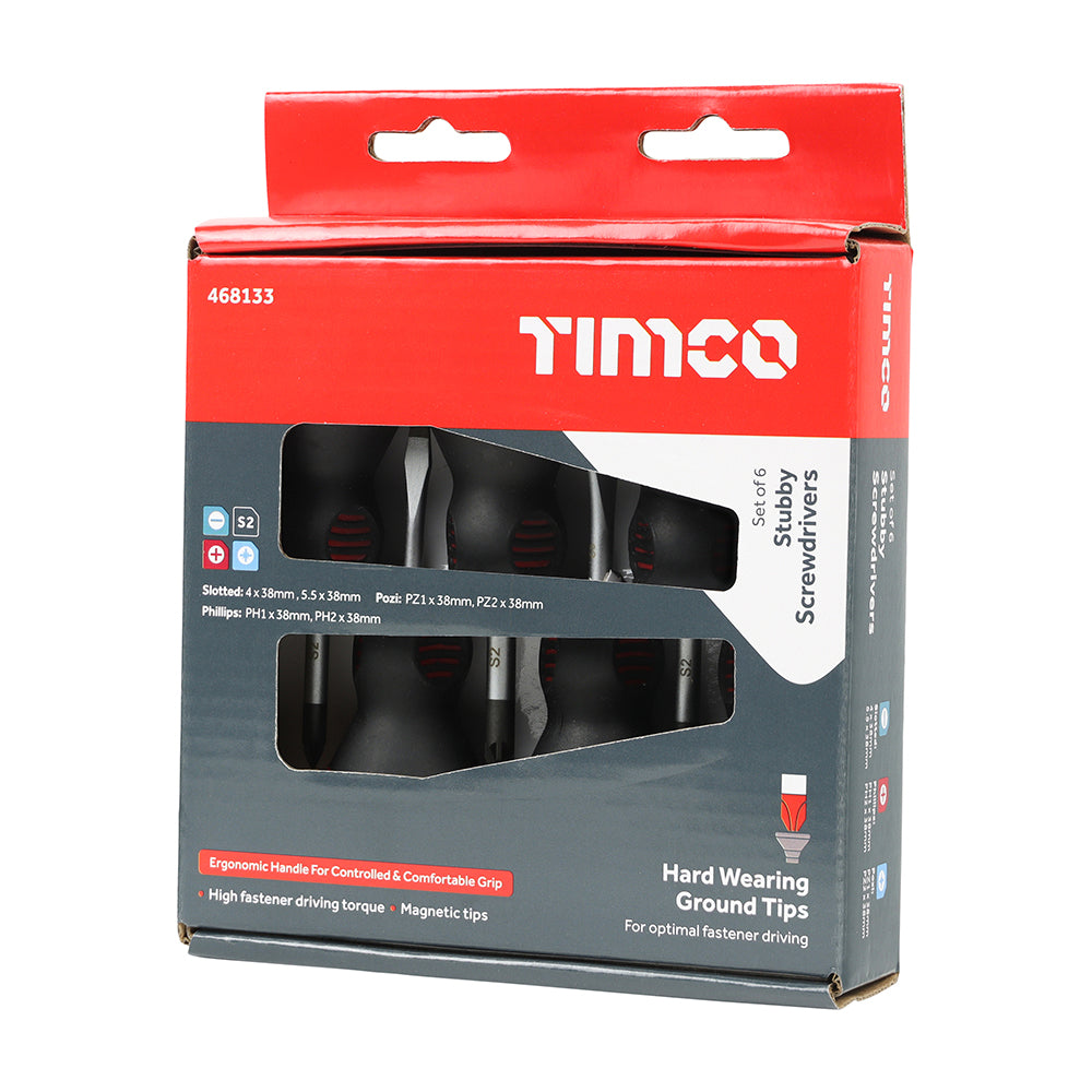 TIMCO Stubby Screwdriver Set, Slotted, Phillips and Pozi Drive Screwdrivers with Magnetic Tips, Ergonomic Anti-Slip Handle - 6 Pieces - Image