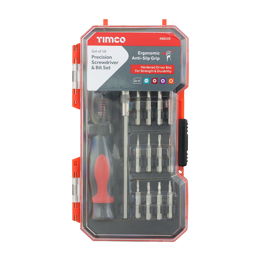 TIMCO Precision Srewdriver and Bit Set, Premium Soft Grip Handle with Interchangable Driver Bits for Multiple Intricate Fastener Applications in a Hard Plastic Case - 18 Pieces - Image