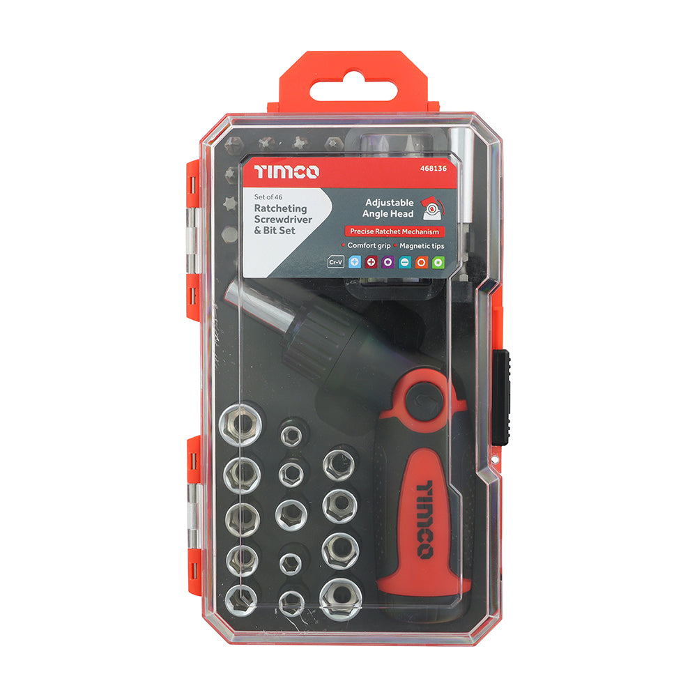 TIMCO Ratcheting Screwdriver & Bit Set, Anti-Slip Handle with Long Lasting Ratcheting Mechanism with Assorted Driver Bits and Sockets - 46 Pieces - Image