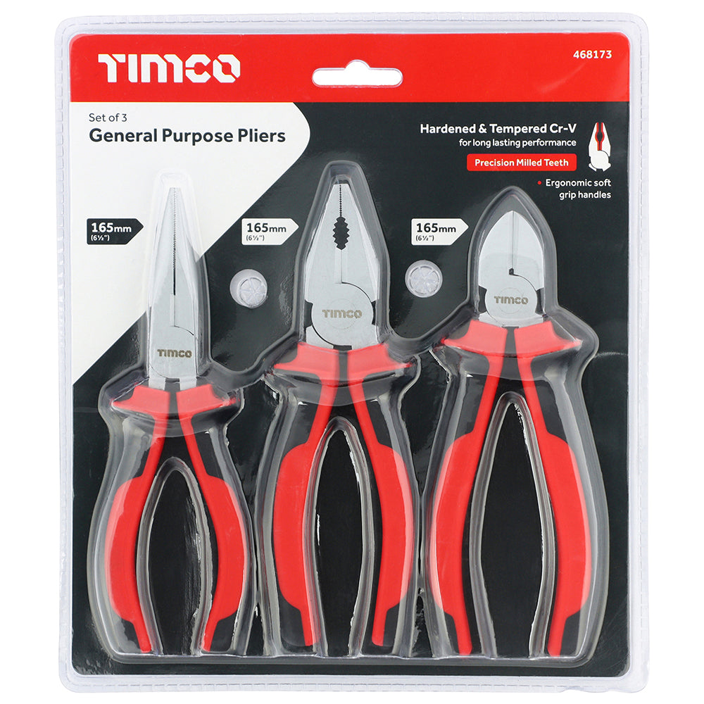 TIMCO General Purpose Pliers Set, Combination Pliers, Long Nose Pliers, Side Cutting Pliers with Soft Grip Handles - Set of 3 - Image