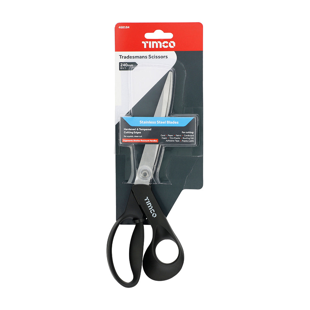 TIMCO Tradesmans Scissors, Heavy Duty with Stainless Steel Blades and Ergonomic Plastic Grips - 9 1/2" / 240mm - Image