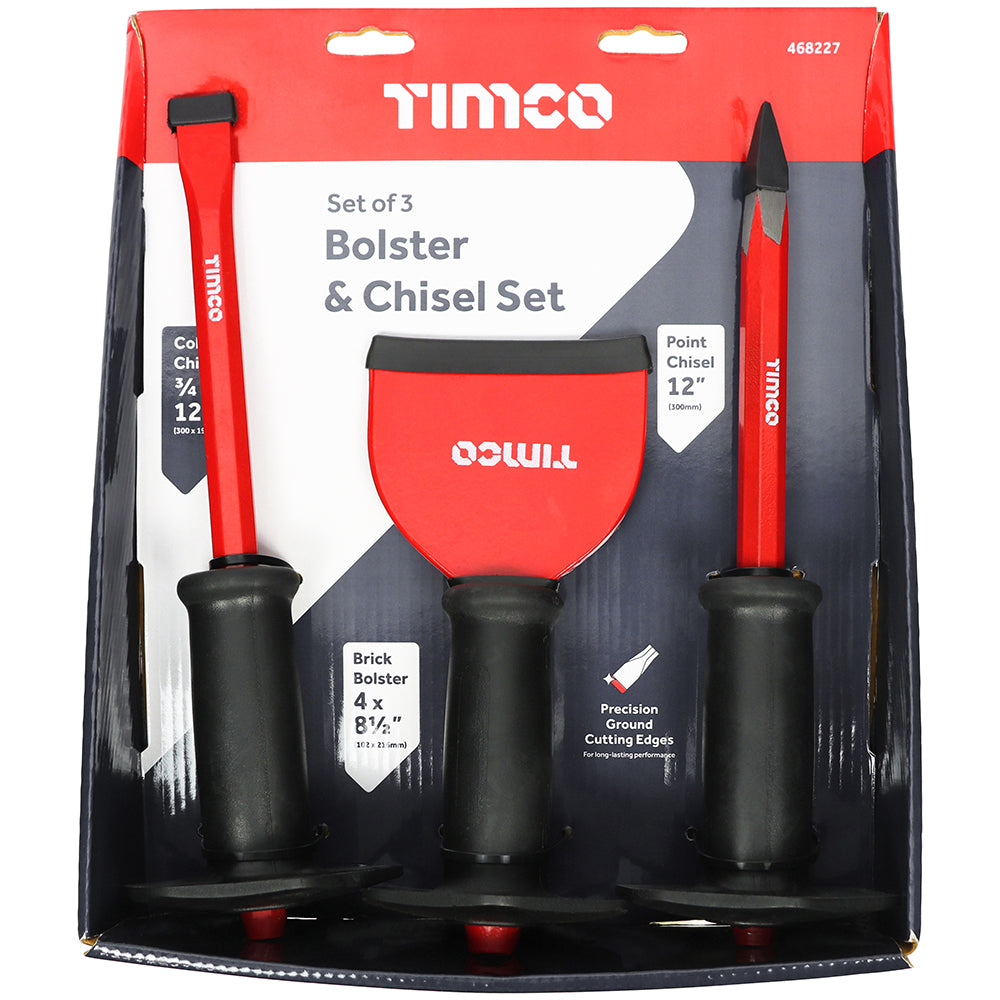 TIMCO Mixed Bolster and Chisel Set, Cold Chisel, Masonry Bolster, Point Chisel - 3 Pieces - Image
