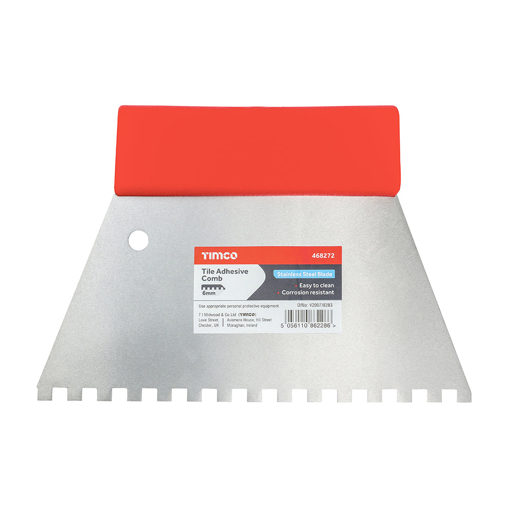 TIMCO Tile Adhesive Comb, Stainless Steel 6mm Square Notch Adhesive Spreader - Image