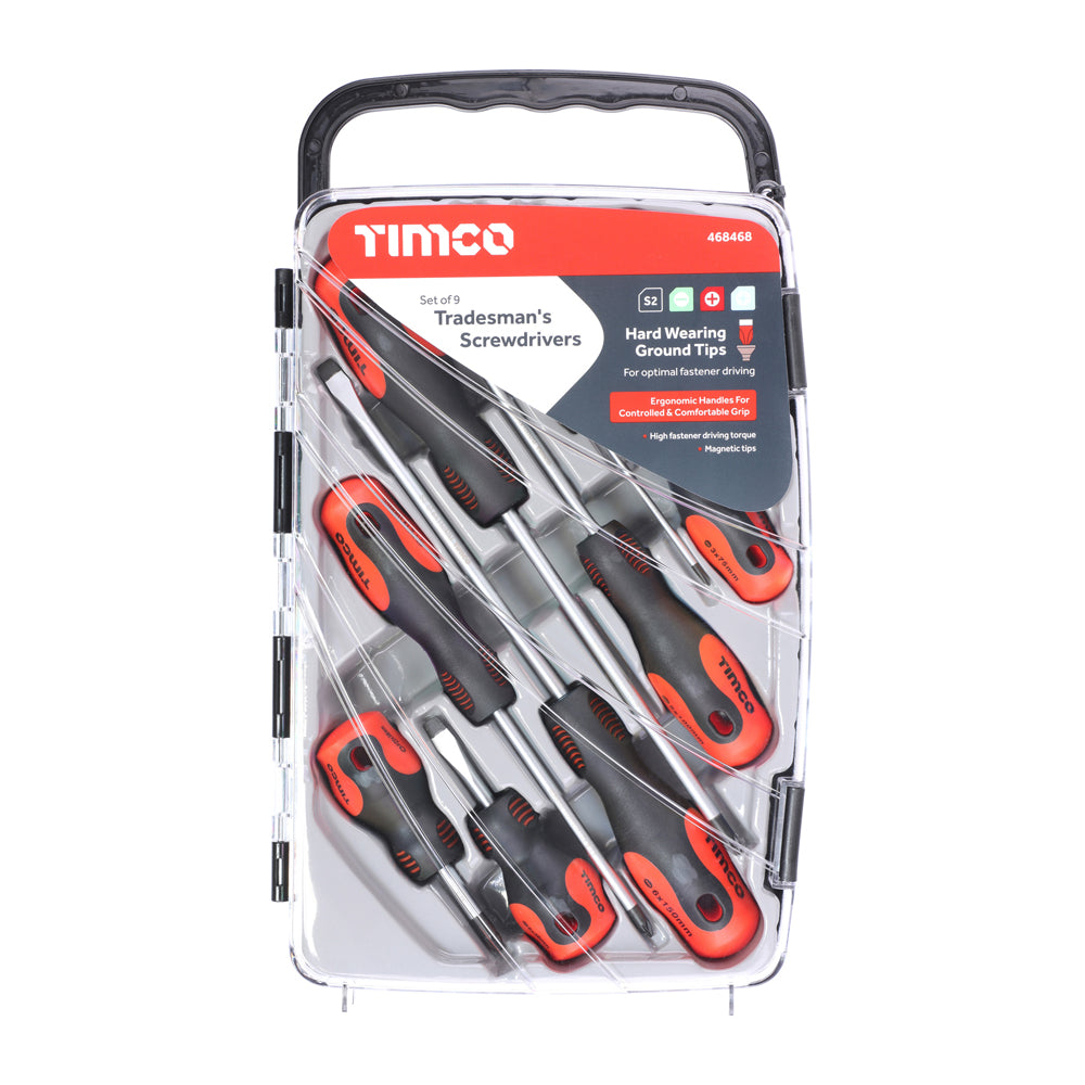TIMCO Tradesman's Screwdriver Set in Hard Plastic Carry Case - 9 Pieces - Image