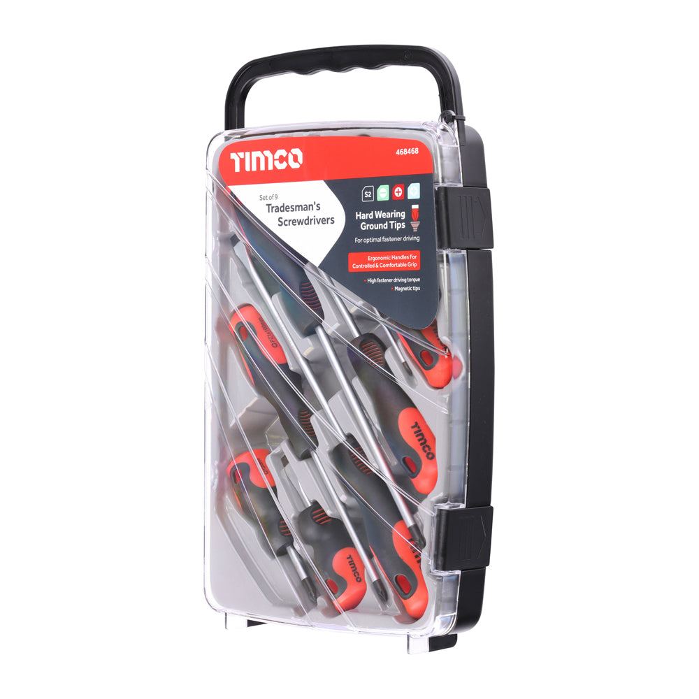 TIMCO Tradesman's Screwdriver Set in Hard Plastic Carry Case - 9 Pieces - Image