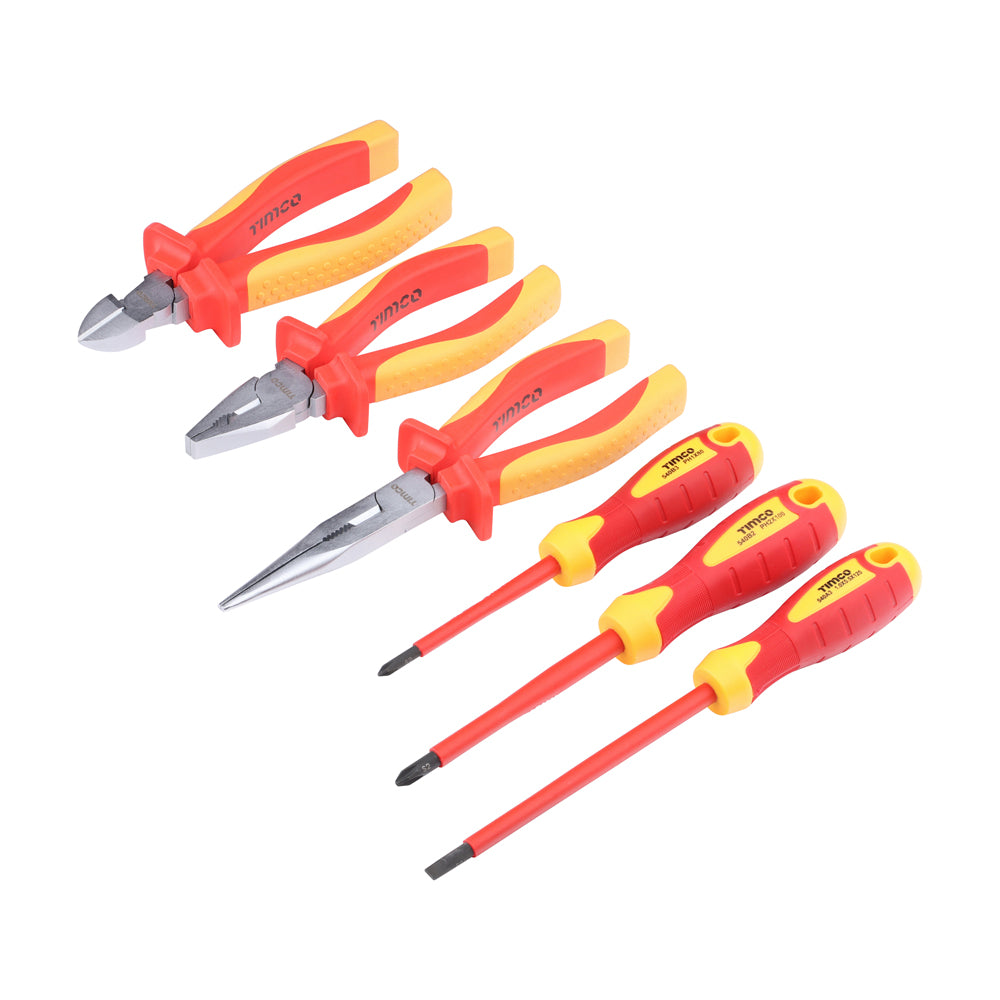 TIMCO Professional VDE Screwdriver and Plier Set. Combination, Side Cutter and Long Nose Pliers. Slotted and Phillips Screwdrivers. Tested to 1000V AC - 6 Pieces - Image