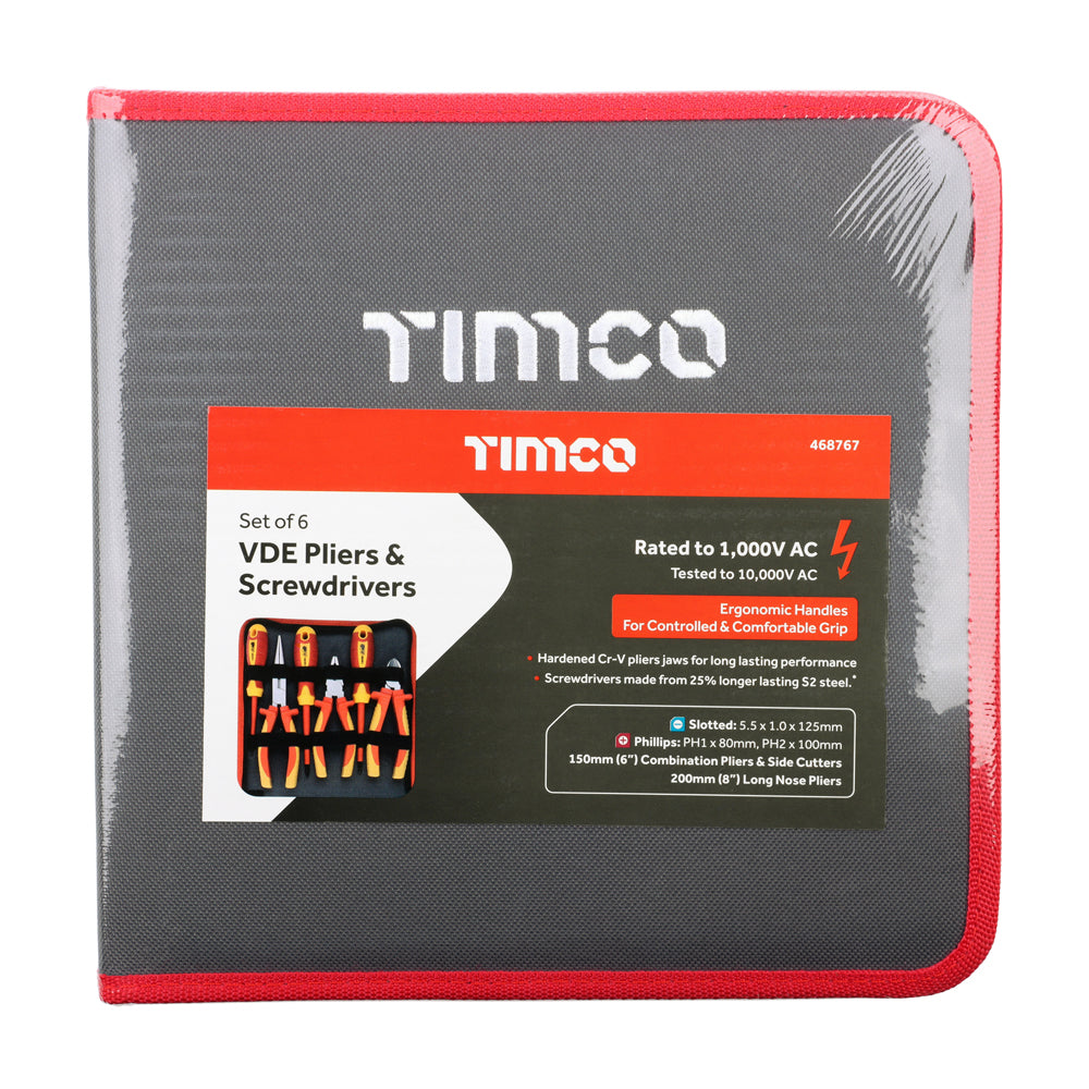 TIMCO Professional VDE Screwdriver and Plier Set. Combination, Side Cutter and Long Nose Pliers. Slotted and Phillips Screwdrivers. Tested to 1000V AC - 6 Pieces - Image