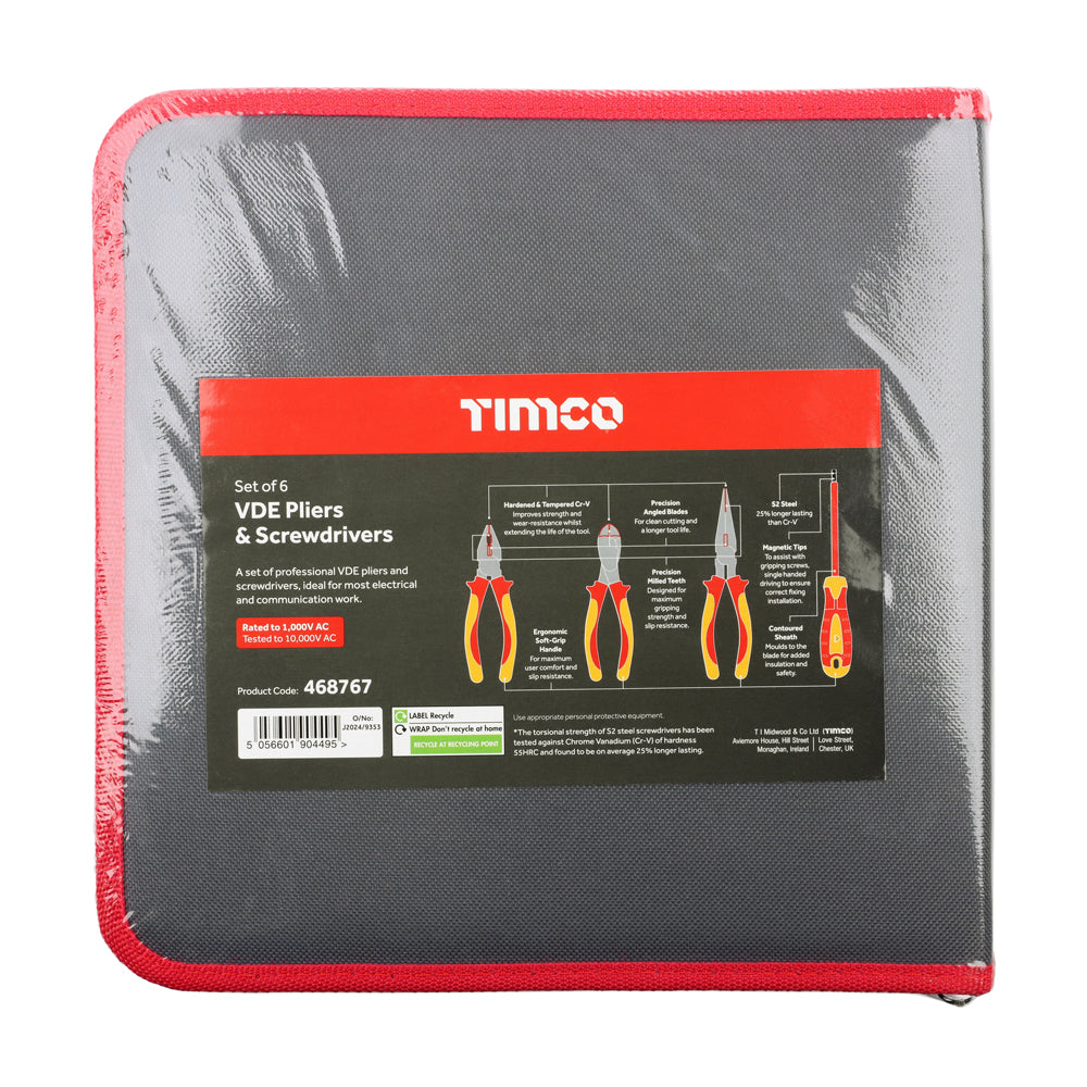 TIMCO Professional VDE Screwdriver and Plier Set. Combination, Side Cutter and Long Nose Pliers. Slotted and Phillips Screwdrivers. Tested to 1000V AC - 6 Pieces - Image