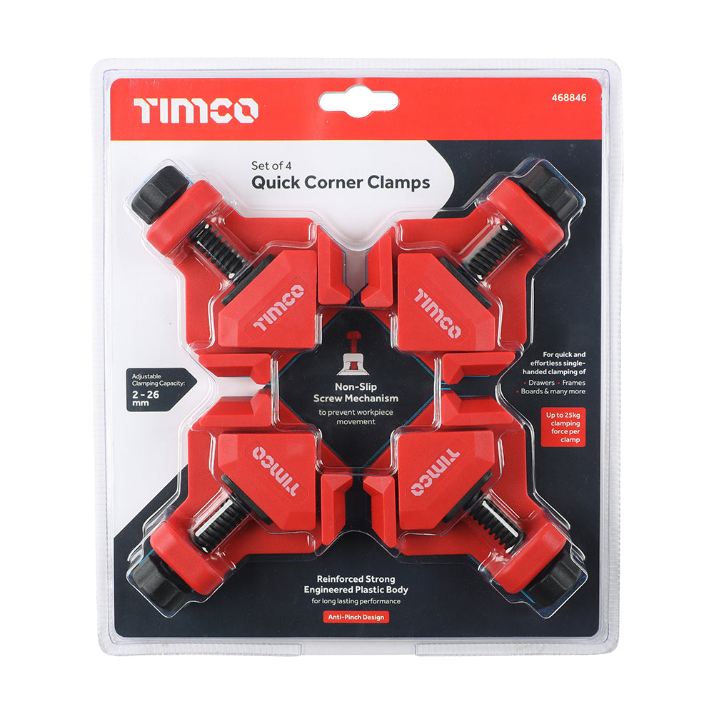 TIMCO Quick Corner Clamp Set, Woodworking Mini Clamps for 90 Degree Joints. Easy to Use Temporary Support for Joiners. 4 Piece Set - Image
