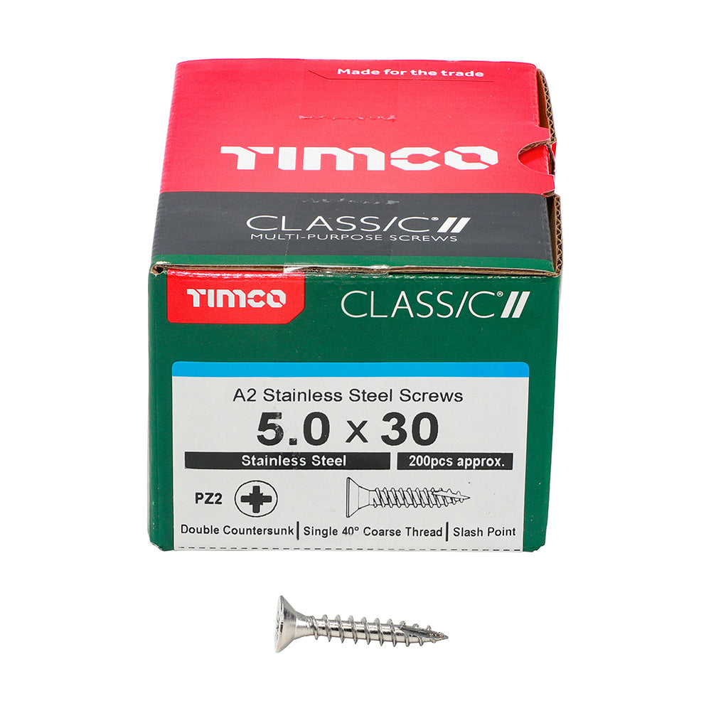 TIMCO Classic Multi-Purpose Countersunk A2 Stainless Steel Woodcrews - 5.0 x 30 - Image