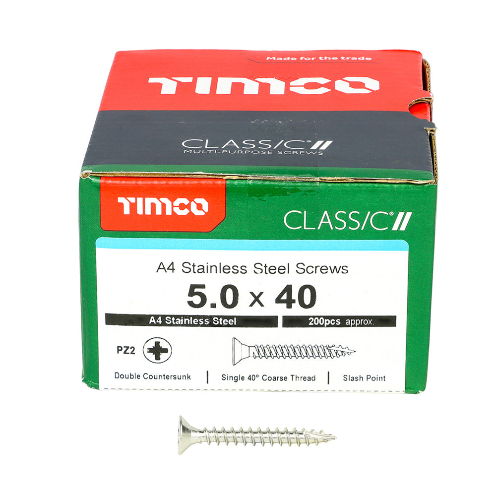 TIMCO Classic Multi-Purpose Countersunk A4 Stainless Steel Woodcrews - 5.0 x 40 - Image
