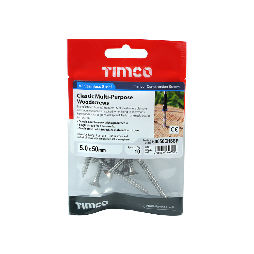 TIMCO Classic Multi-Purpose Countersunk A2 Stainless Steel Woodcrews - 5.0 x 50 - Image