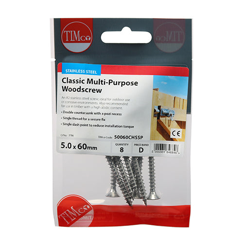 TIMCO Classic Multi-Purpose Countersunk A2 Stainless Steel Woodcrews - 5.0 x 60 - Image