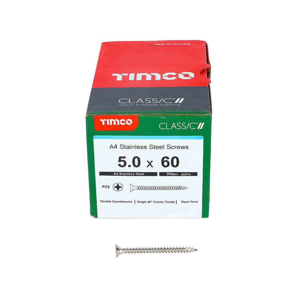 TIMCO Classic Multi-Purpose Countersunk A4 Stainless Steel Woodcrews - 5.0 x 60 - Image