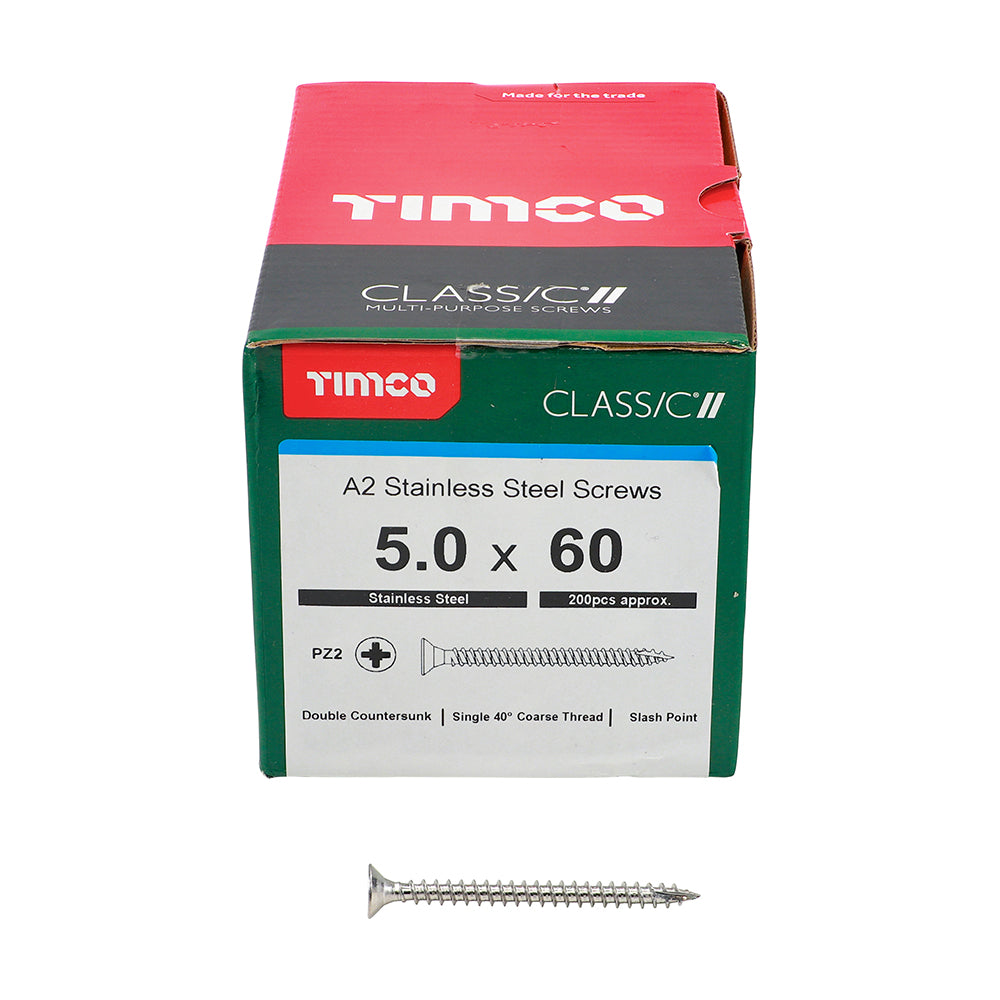 TIMCO Classic Multi-Purpose Countersunk A2 Stainless Steel Woodcrews - 5.0 x 60 - Image