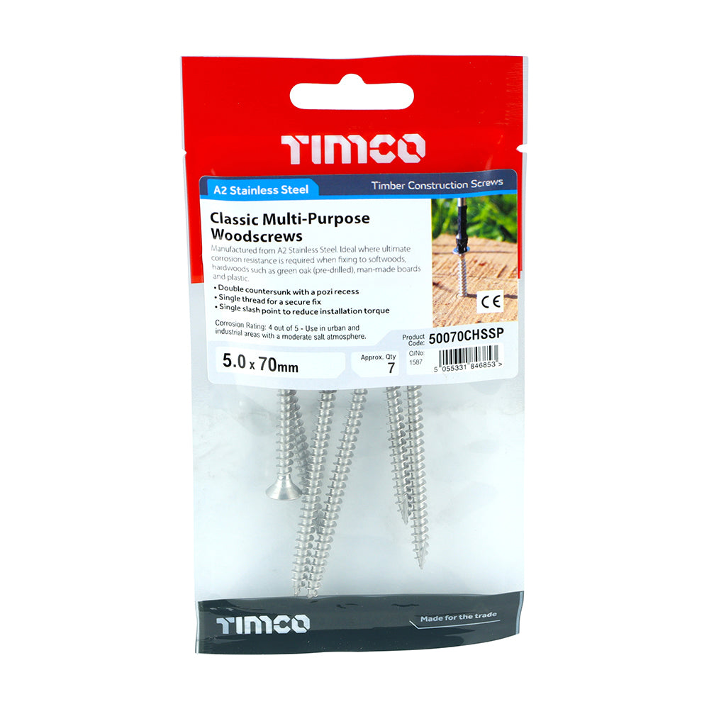 TIMCO Classic Multi-Purpose Countersunk A2 Stainless Steel Woodcrews - 5.0 x 70 - Image