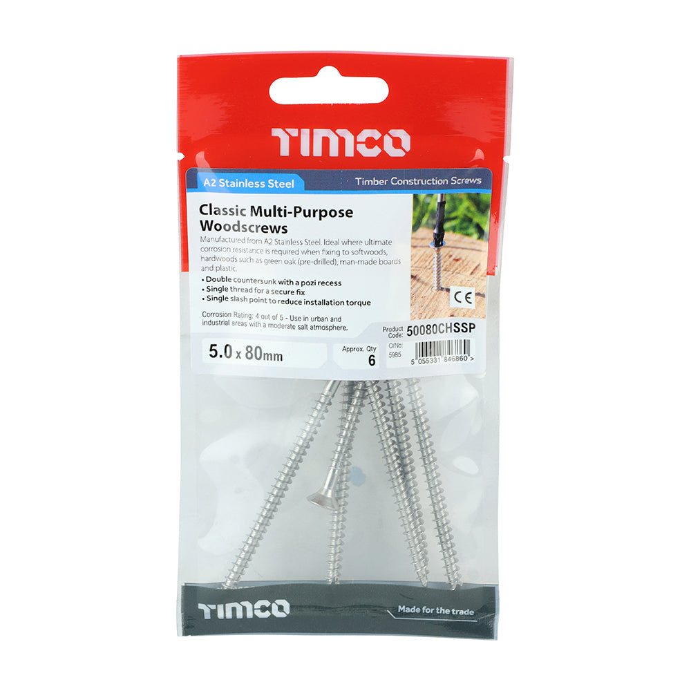 TIMCO Classic Multi-Purpose Countersunk A2 Stainless Steel Woodcrews - 5.0 x 80 - Image