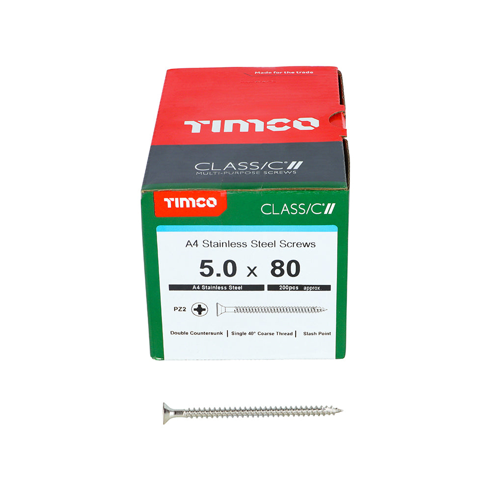 TIMCO Classic Multi-Purpose Countersunk A4 Stainless Steel Woodcrews - 5.0 x 80 - Image