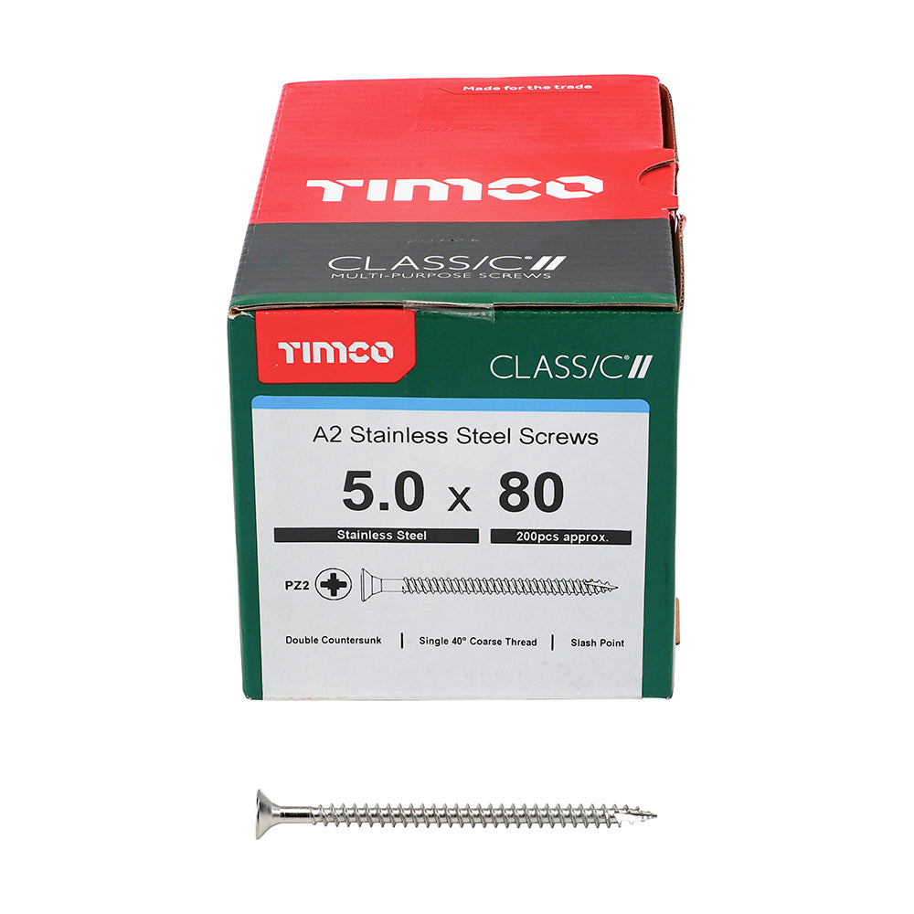 TIMCO Classic Multi-Purpose Countersunk A2 Stainless Steel Woodcrews - 5.0 x 80 - Image