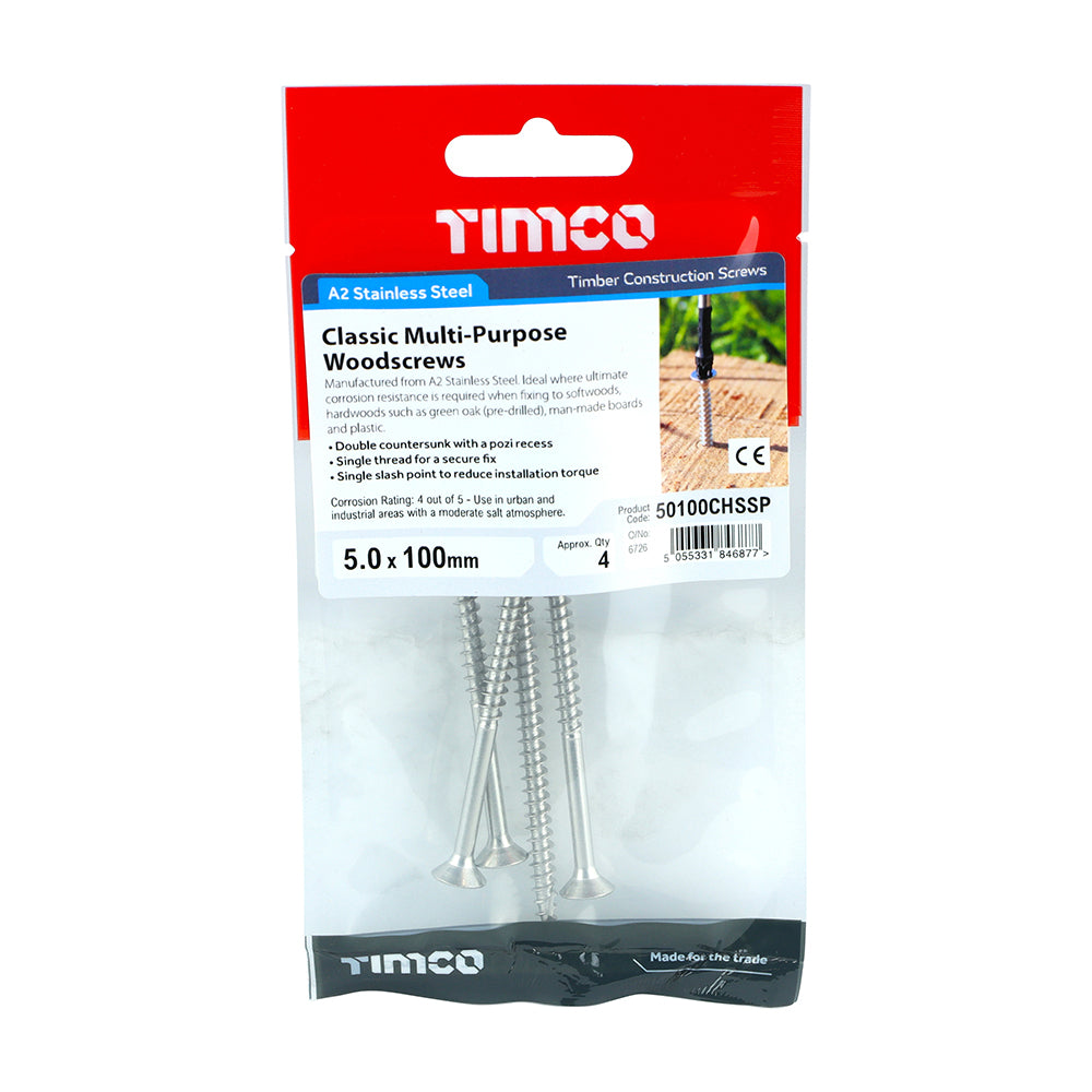 TIMCO Classic Multi-Purpose Countersunk A2 Stainless Steel Woodcrews - 5.0 x 100 - Image