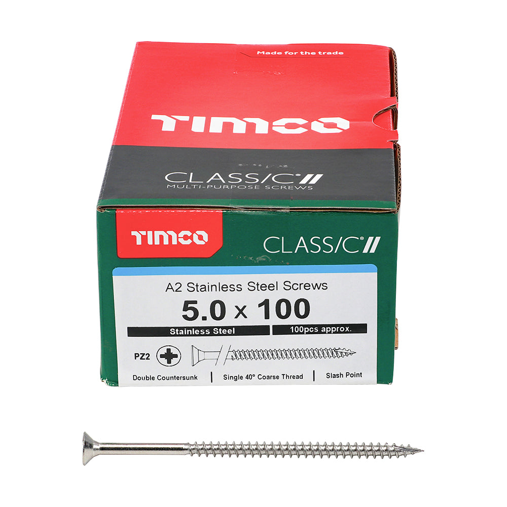 TIMCO Classic Multi-Purpose Countersunk A2 Stainless Steel Woodcrews - 5.0 x 100 - Image