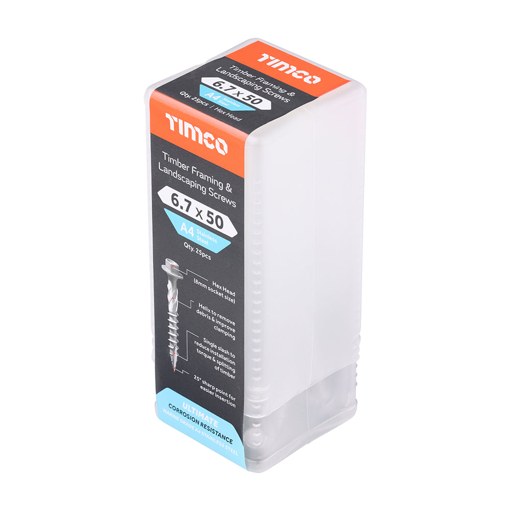 TIMCO Timber Screws Hex Flange Head A4 Stainless Steel - 6.7 x 50 - Image